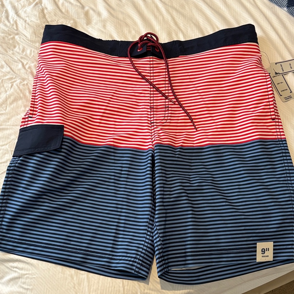 George Men's Red and Navy Blue Striped Swim Trunks